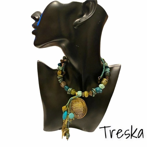 Treska Jewelry - Treska Tribal Choker Necklace Dangle Pendant Coil Southwestern Turquoise Metal